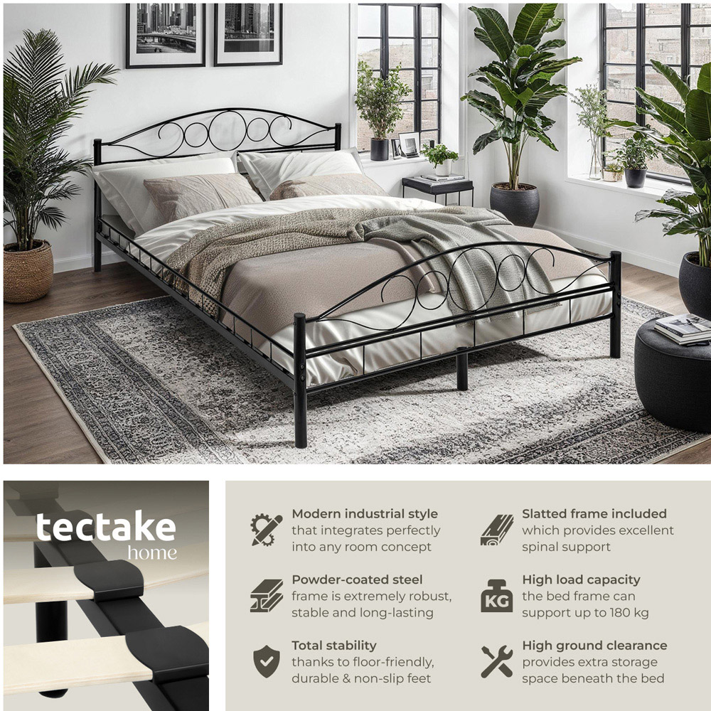 tectake Double Black Metal Bed Frame with Slatted Base Image 4