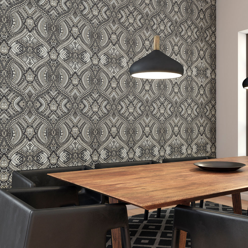 Hoopla Walls Elegance Ogee Damask Black Wallpaper Image 2