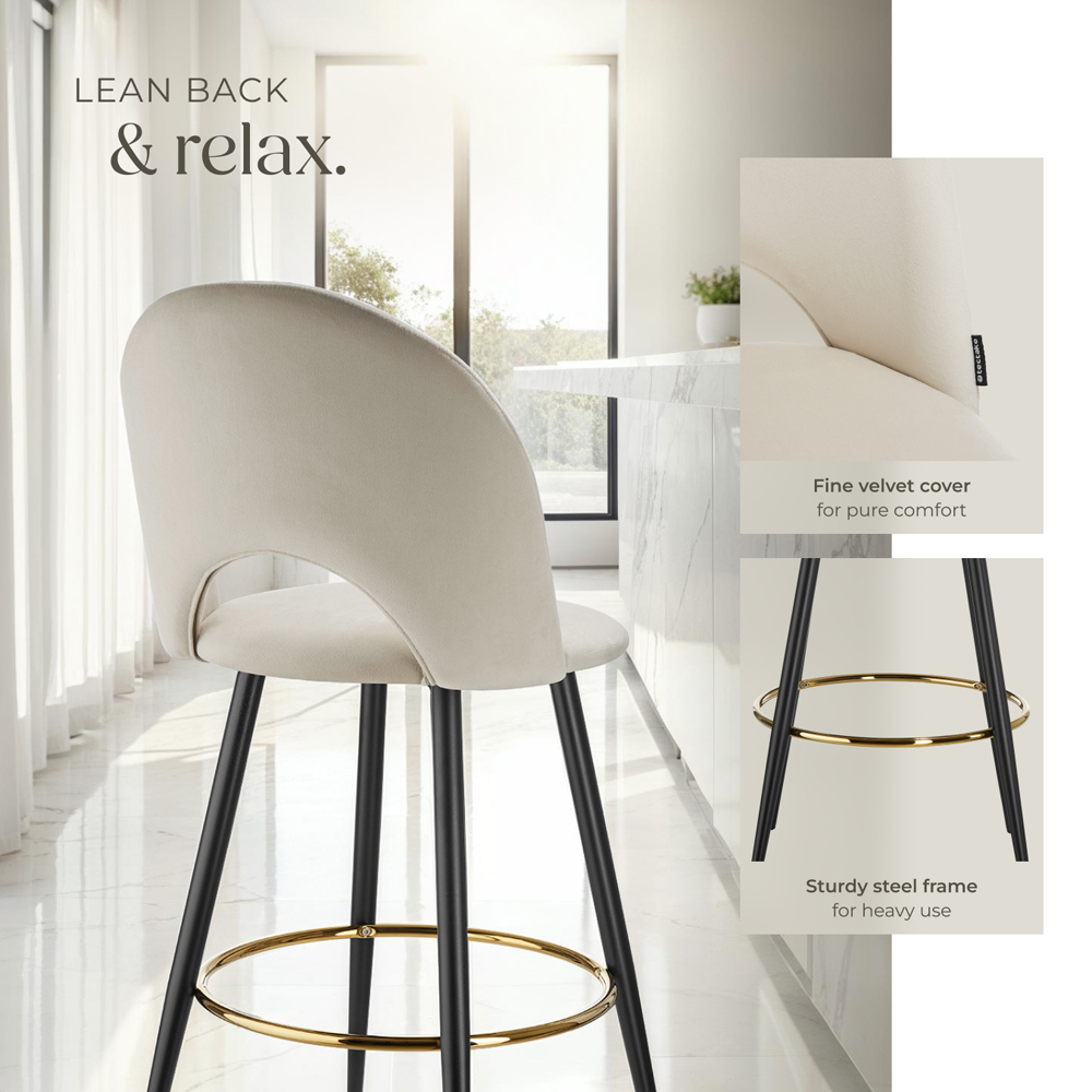 tectake Rachel Cream and Black Velvet Look Bar Stool Set of 4 Image 4