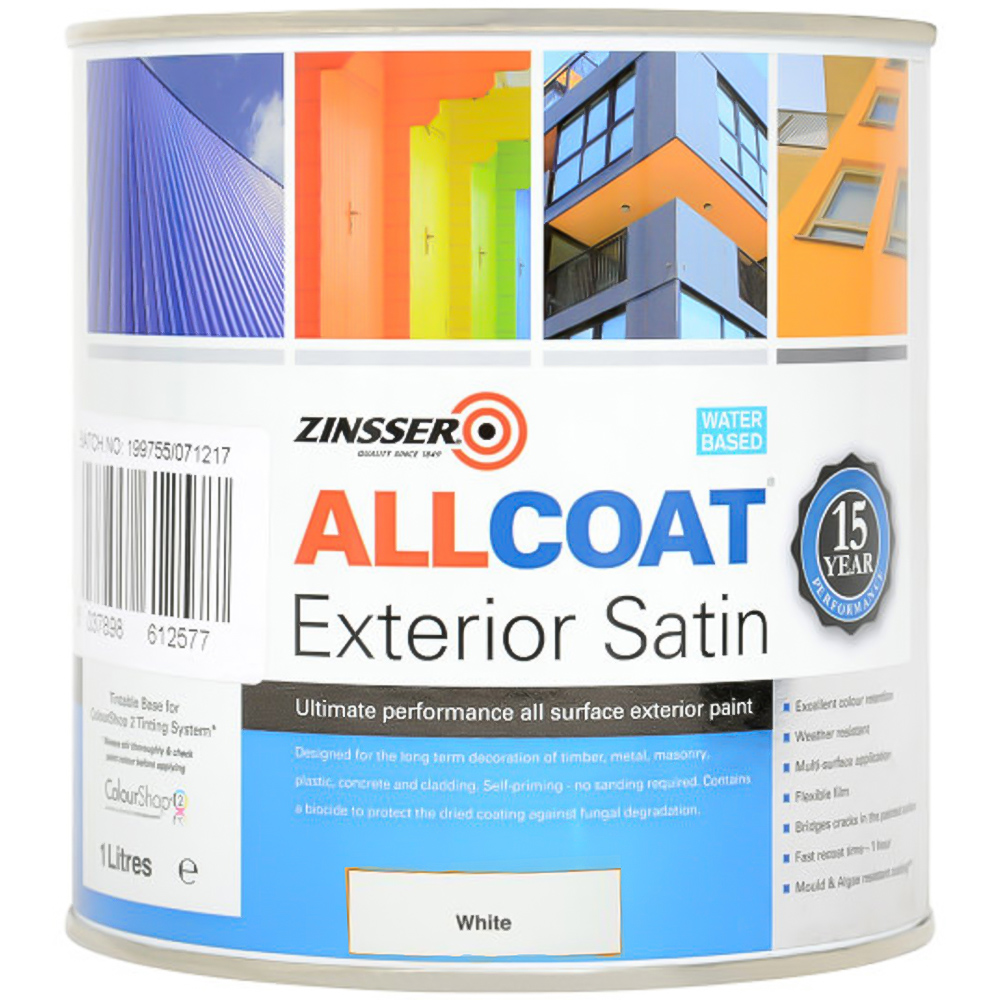 Zinsser Allcoat White Water Based Exterior Satin Paint 1L Image 2