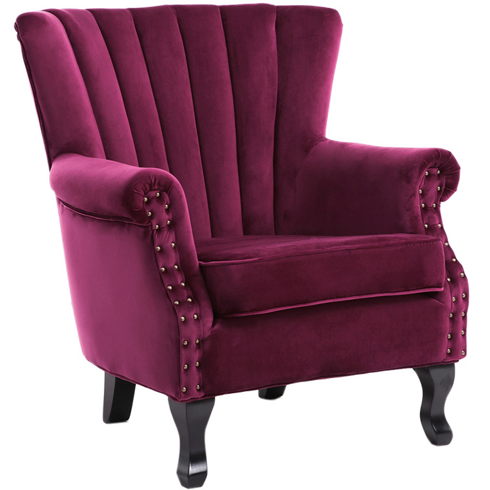 Living and Home Vintage Wine Red Velvet Wingback Armchair with Studs Image 2