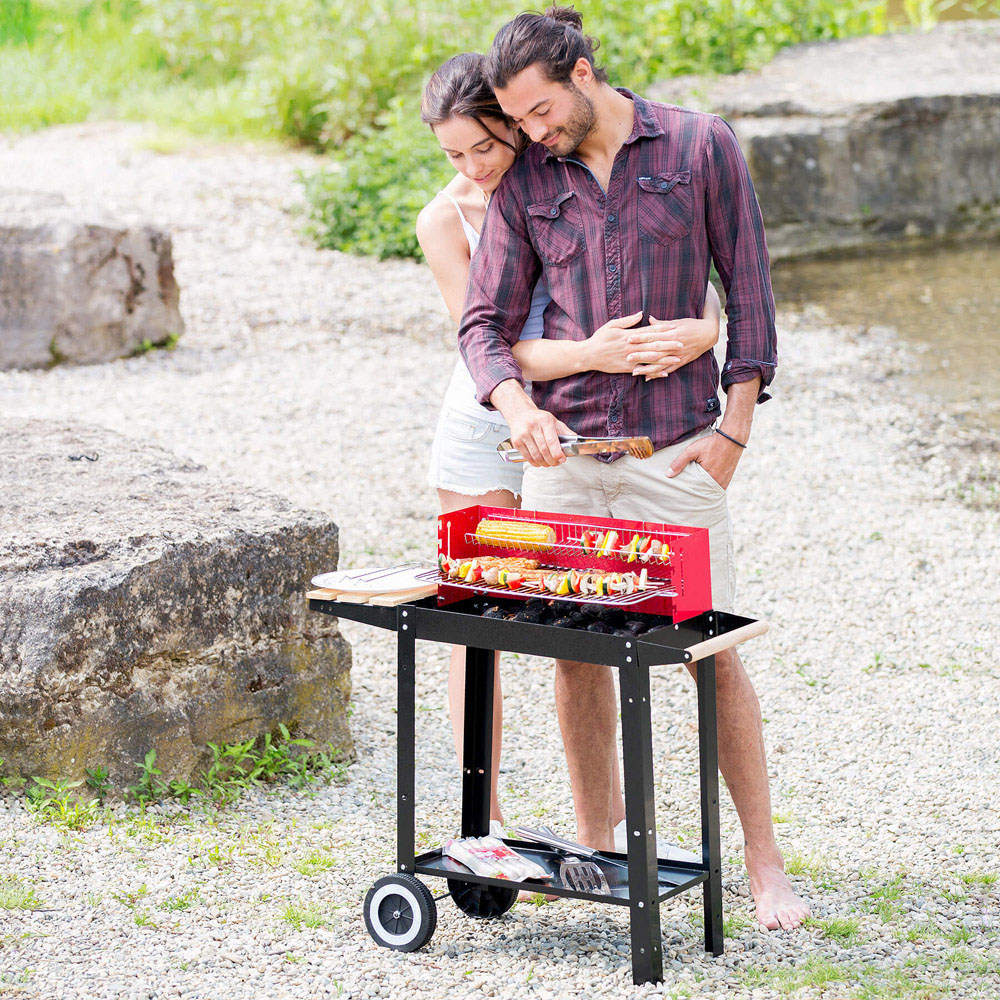 tectake Black and Red BBQ Cart with Wheels Image 2