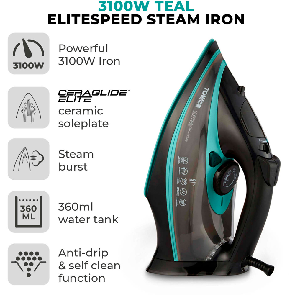 Tower CeraGlide Black and Teal Ultra Speed Iron 3100W Image 3