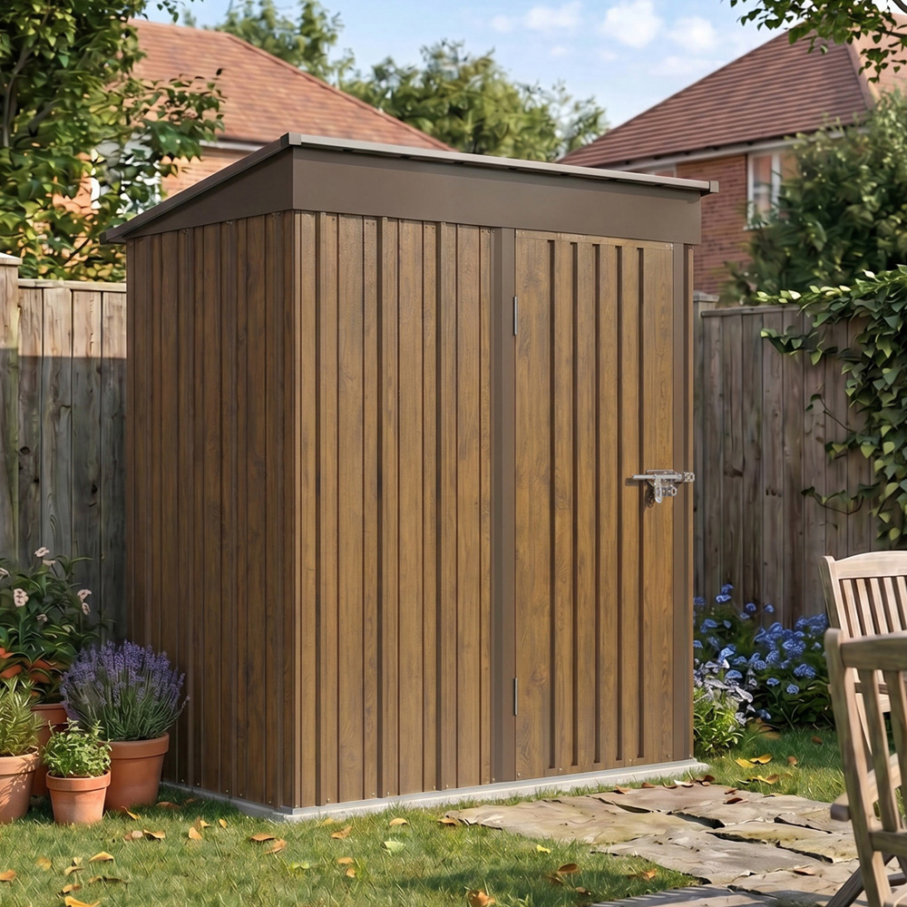 Living and Home 3 x 5ft Brown Wood-Grain Finish Metal Apex Garden Storage Shed Image 3