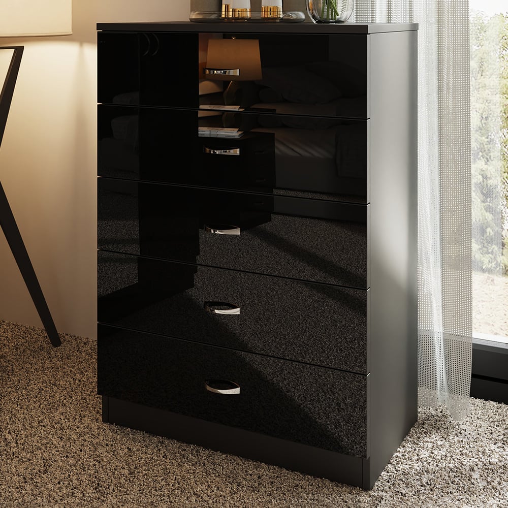 FWStyle Chilton 5 Drawer Black Gloss Chest of Drawers Image 1