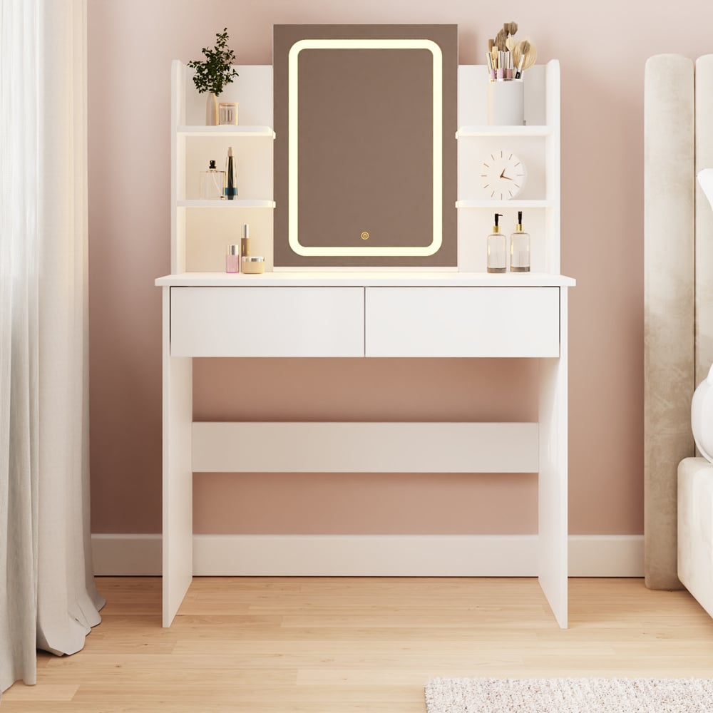 GFW Sadie 2 Drawer 4 Shelf White Dressing Table with LED Mirror Image 8