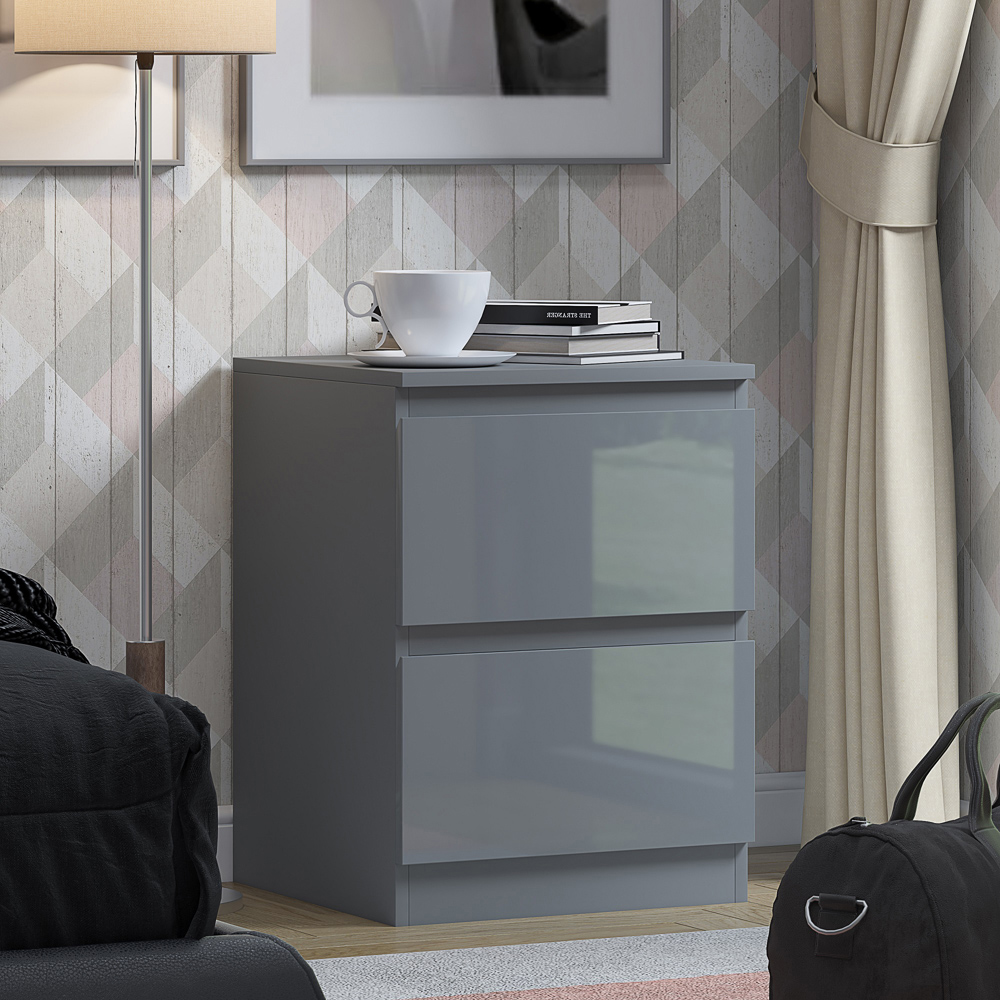 FWStyle Stora 2 Drawer Grey Gloss Bedside Table Image 5