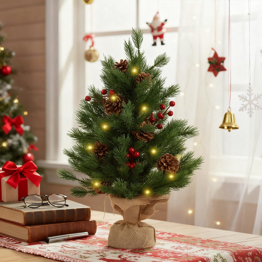 Living and Home Red Berries and Pinecones LED Mini Artificial Christmas Tree with 1.8ft Image 2