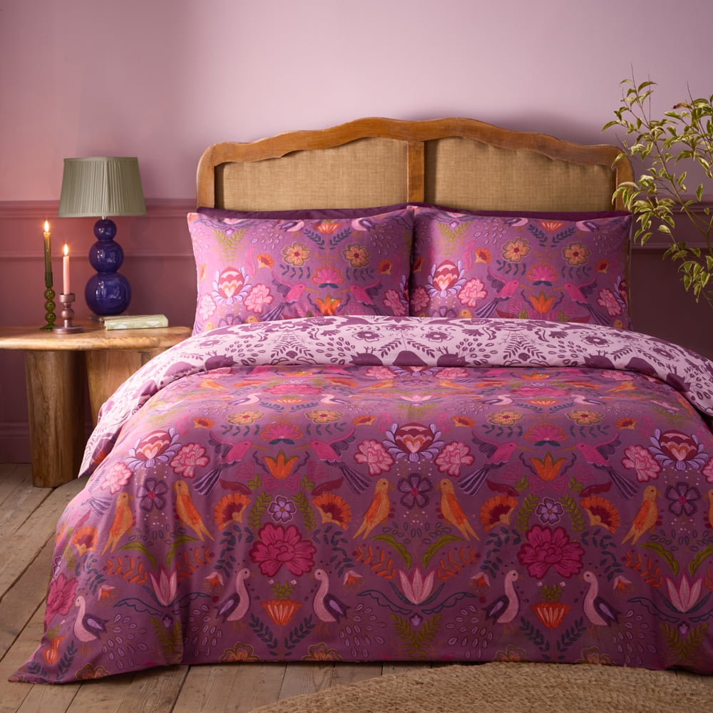 furn. Broderie Super King Size Floral Reversible Damson Duvet Set Image 1