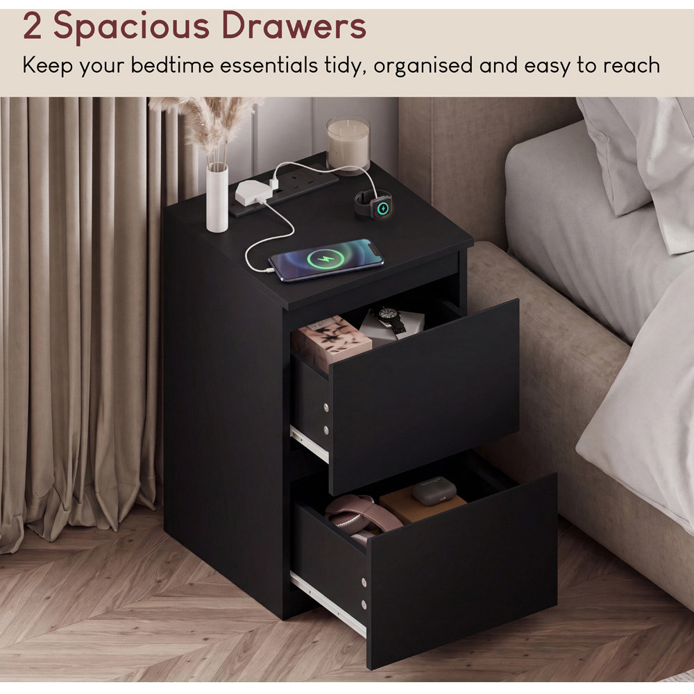 VIDA DESIGNS Denver 2 Drawer Black Bedside Chest with Power Outlet Set of 2 Image 5