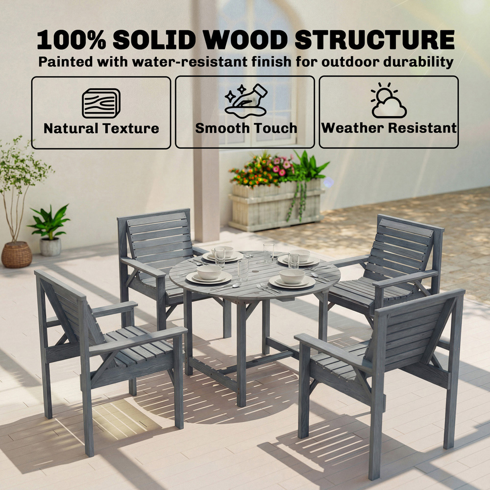 Outsunny 4 Seater Wooden Round Garden Dining Set with Parasol Hole Grey Image 4