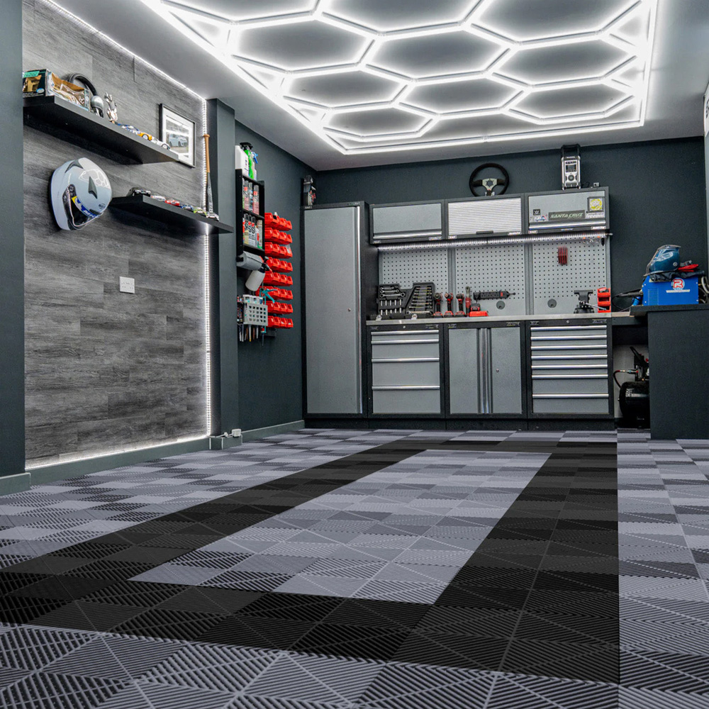 MonsterShop 165 Grey and 60 Black Vented Garage Floor Tiles with Edges and 2 x 14 Hexagon LED Light Image 2
