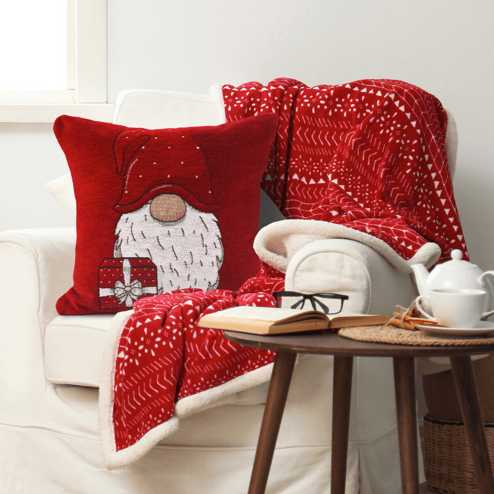 Noel Square Red Xmas Gonks Cotton Chenille Cushion Image 2