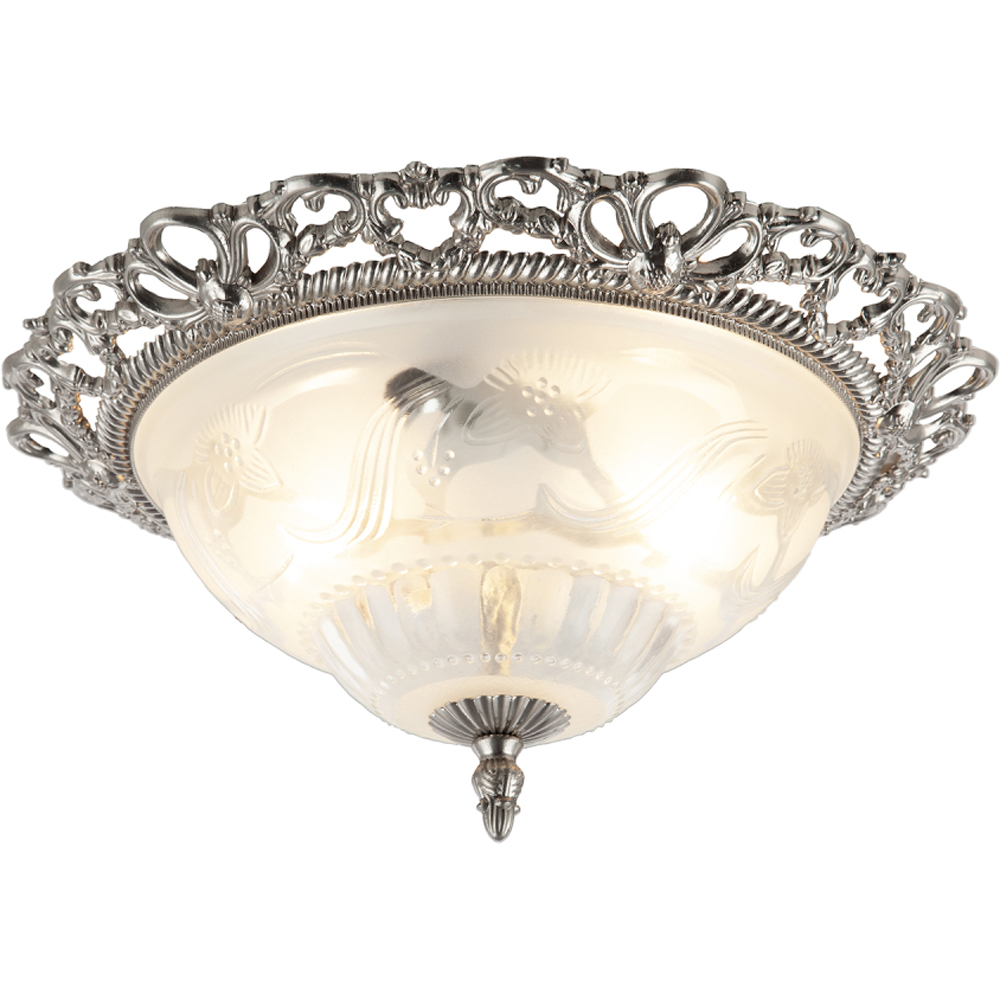 Happy Homewares Traditional Satin Nickel and Floral Glass Flush Ceiling Light Image 2