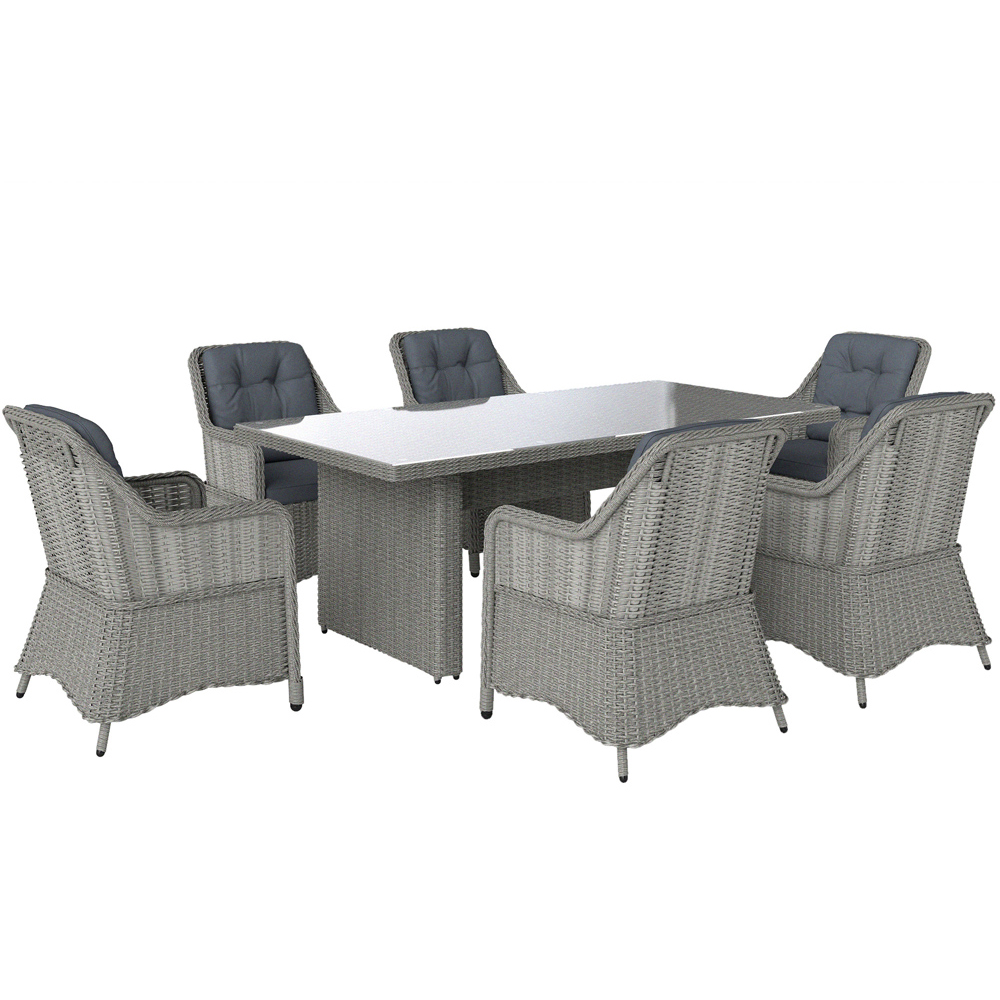 Outsunny 6 Seater Grey Rattan Garden Dining Set with Glass Top Table and Cushions Image 2