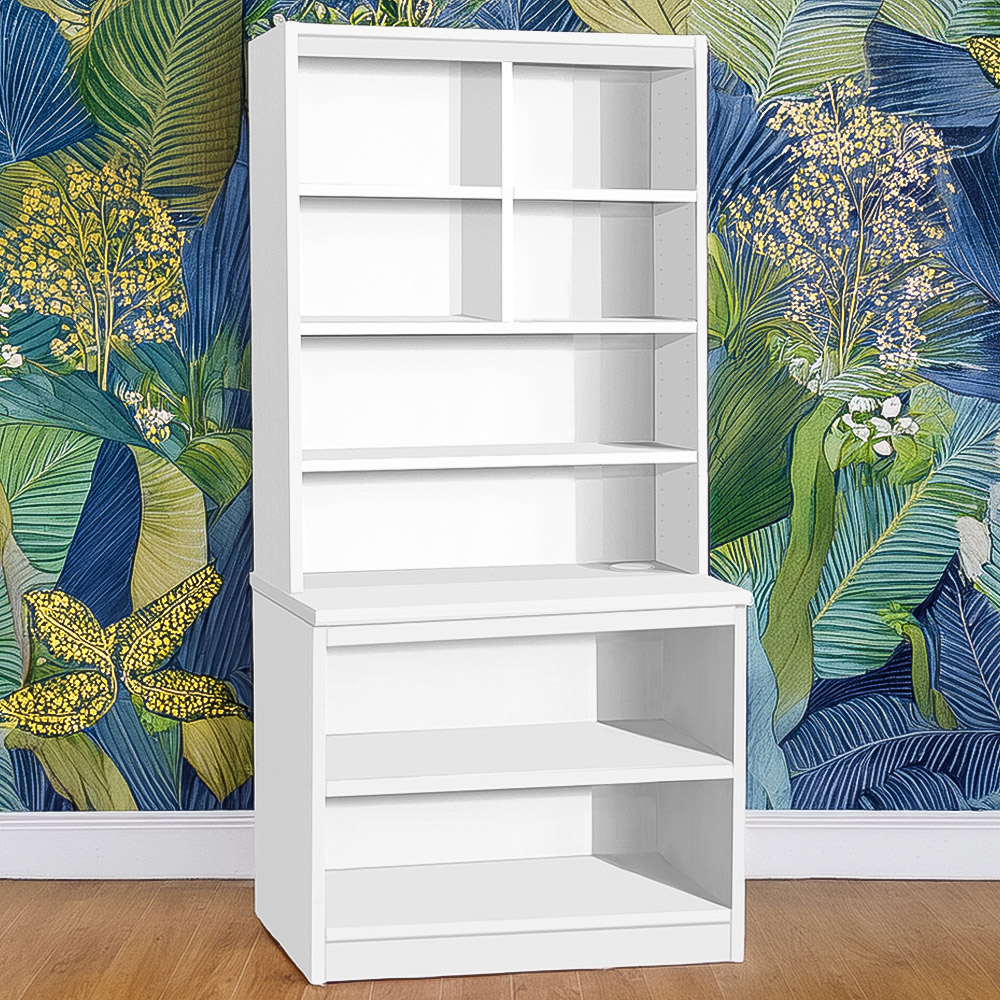 R White Cabinets 8 Shelf White Desk Height Bookcase with Hutch Image 1