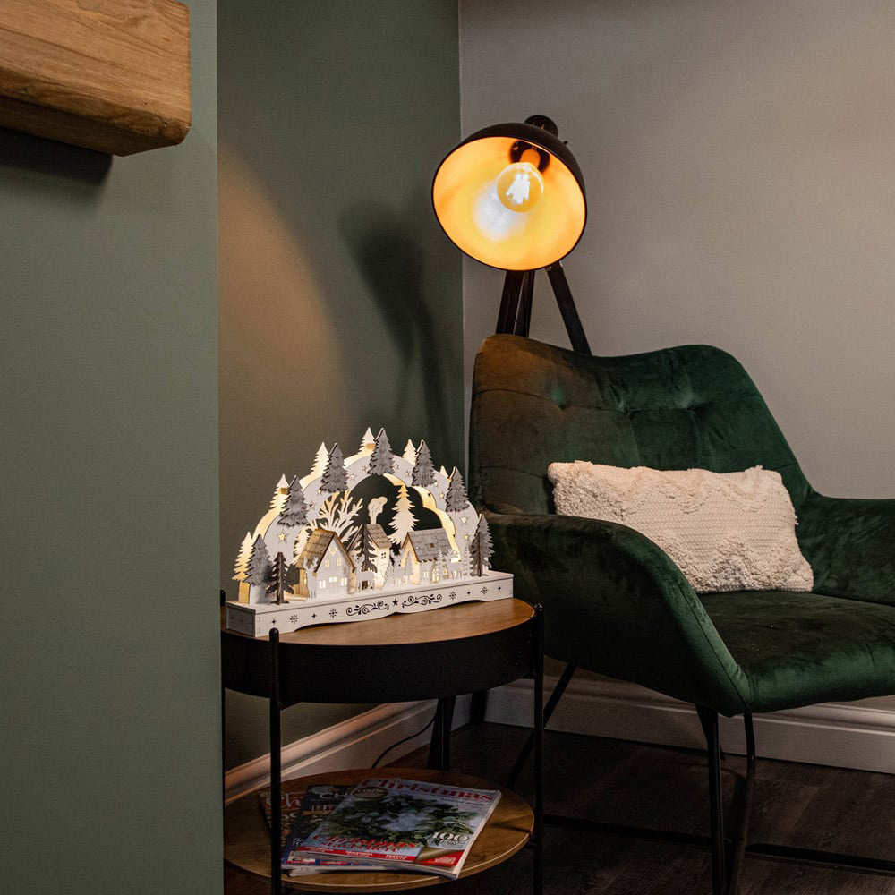 Samuel Alexander White Wooden Christmas Candle Bridge with Reindeer and Village Scene Image 7