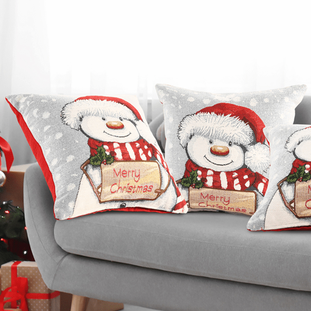 Noel Square Merry Xmas Snowman Cotton Chenille Cushion Image 2