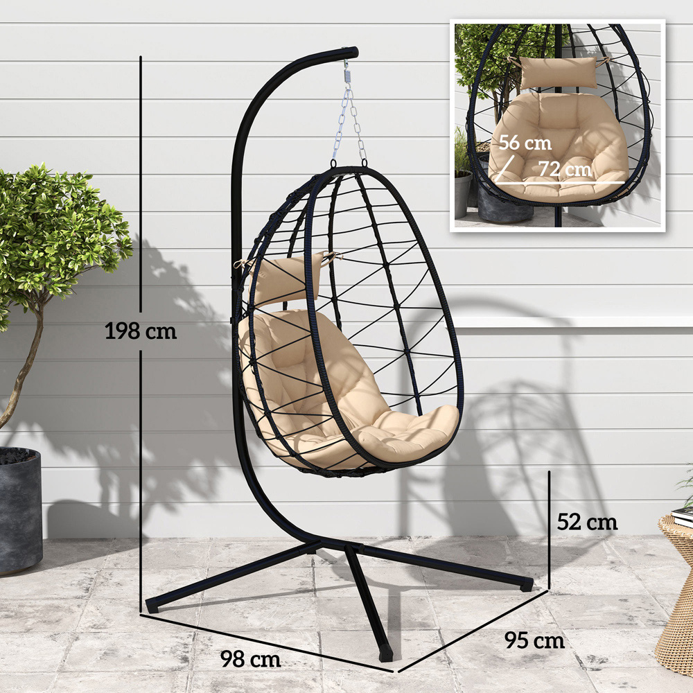 Outsunny Khaki Hanging Egg Chair with Folding Basket Image 7