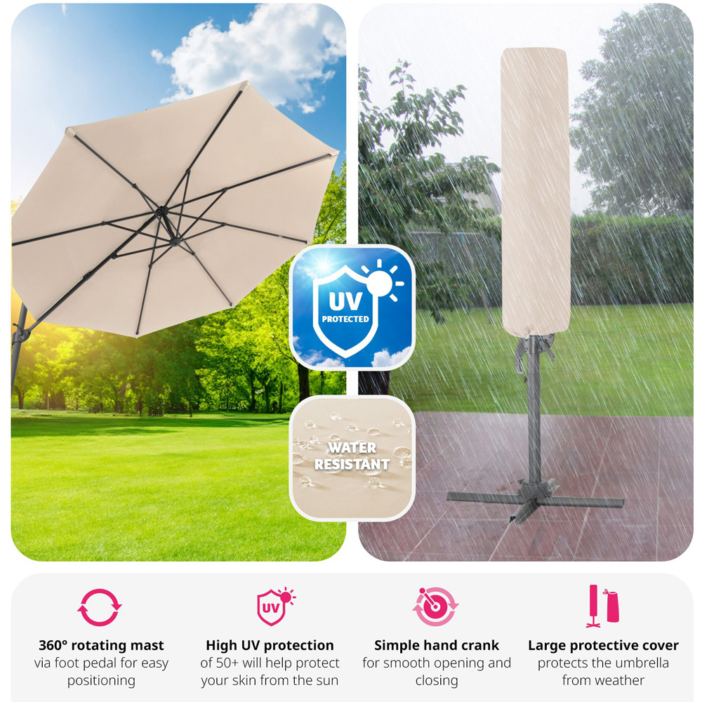 tectake Daria Beige Cantilever Garden Parasol with Foot Pedal 3m Image 5