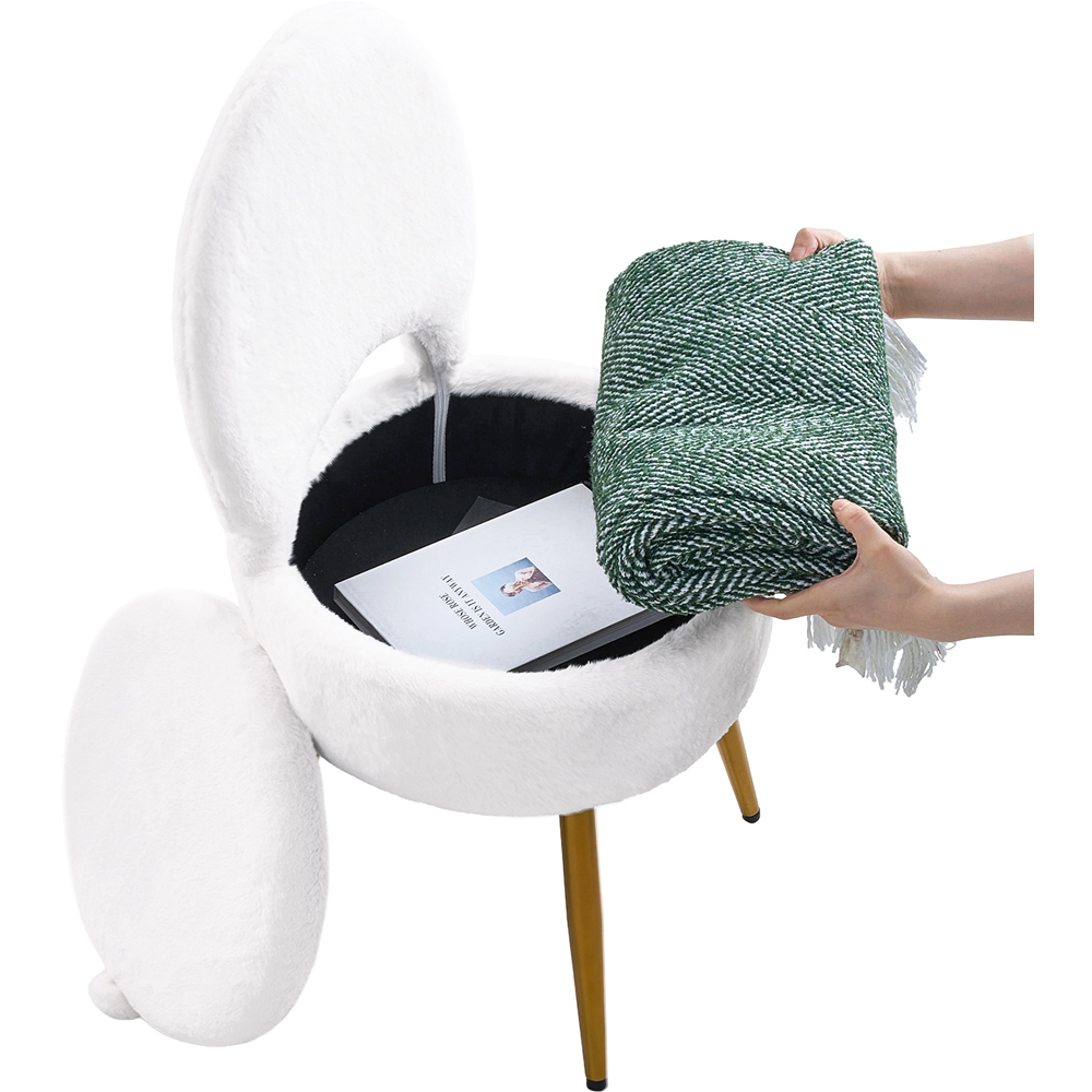Living and Home White Faux Rabbit Fur Round Back Foldable Vanity Chair with Storage Image 3