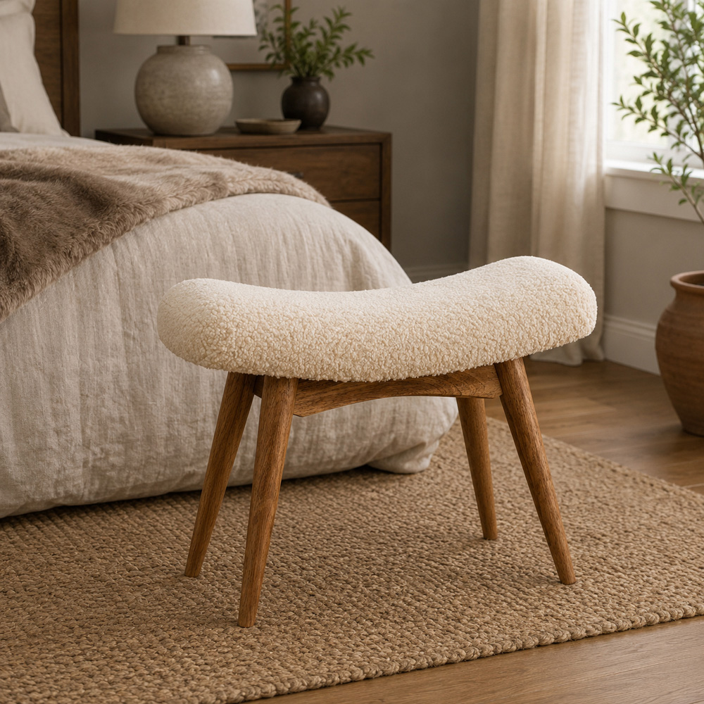 Artisan Furniture Cream Single Seater Boucle Solid Wood Curved Bench Image 7