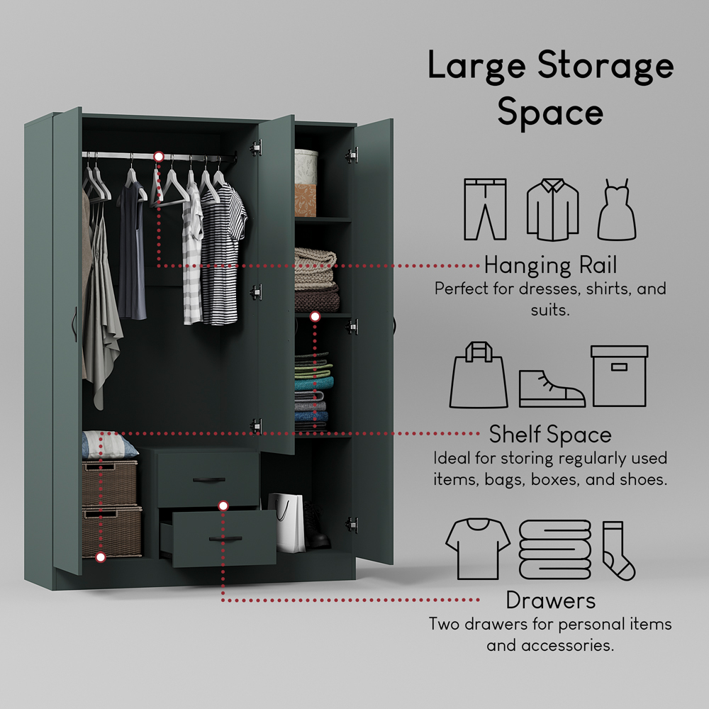 Vida Designs Riano 3 Door 2 Drawer Green Mirrored Wardrobe Image 5