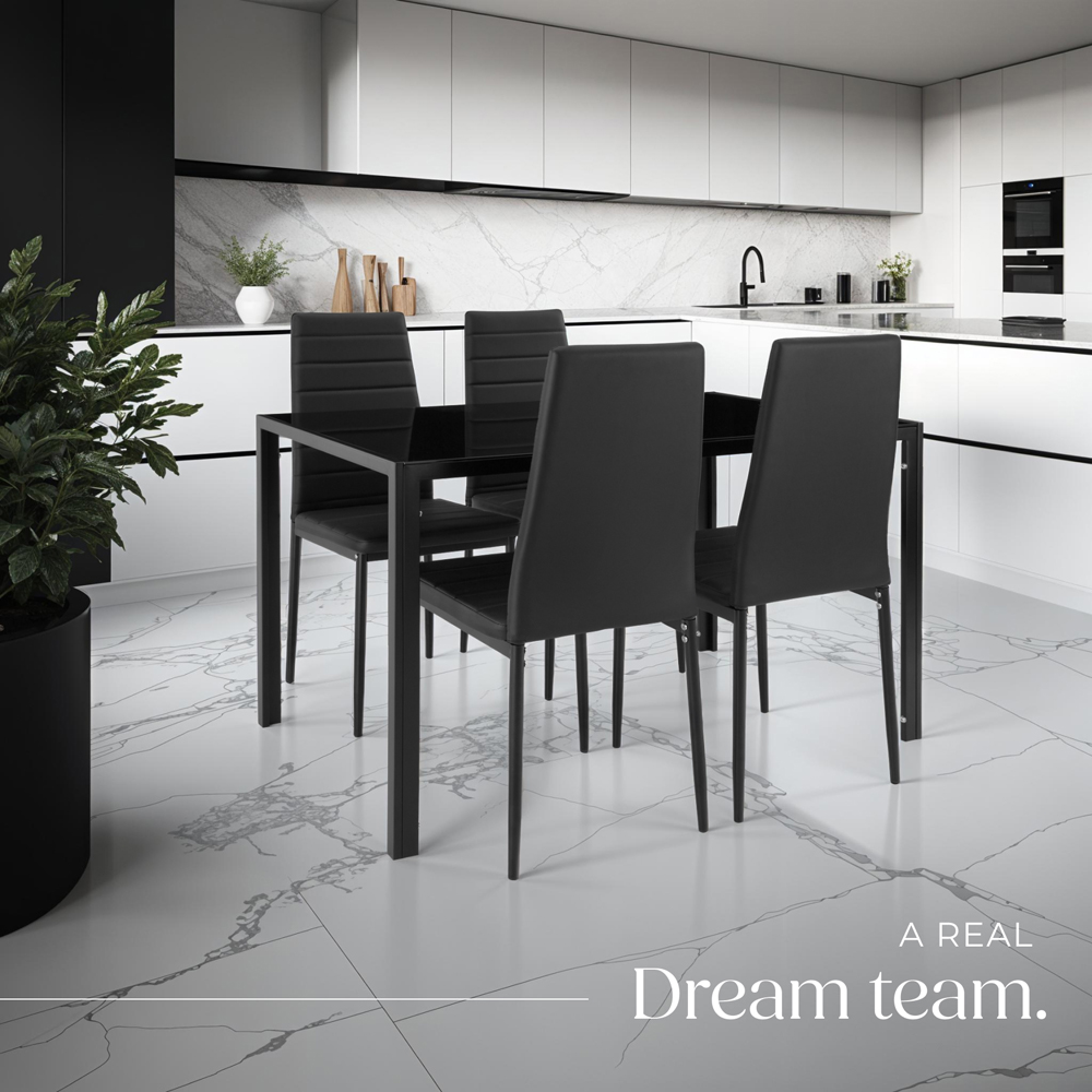 tectake Berlin 4 Seater Black Faux Leather Dining Table Set Image 3