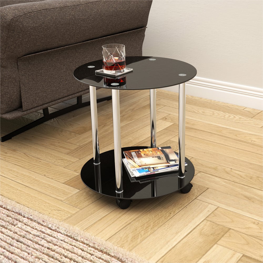 AVF Black Glass and Chrome Round Lamp Table with Wheels Image 4