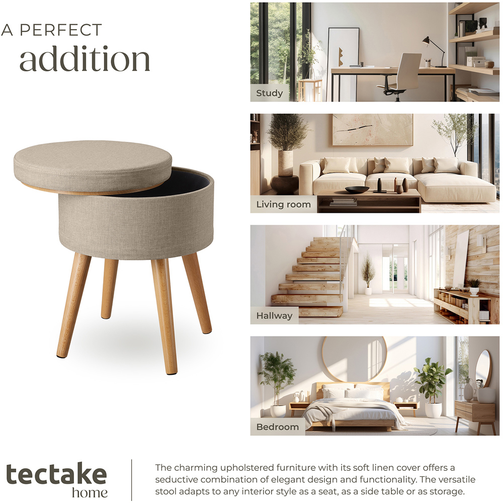 tectake Yara Sand Linen Look Padded Round Stool with Storage Image 7