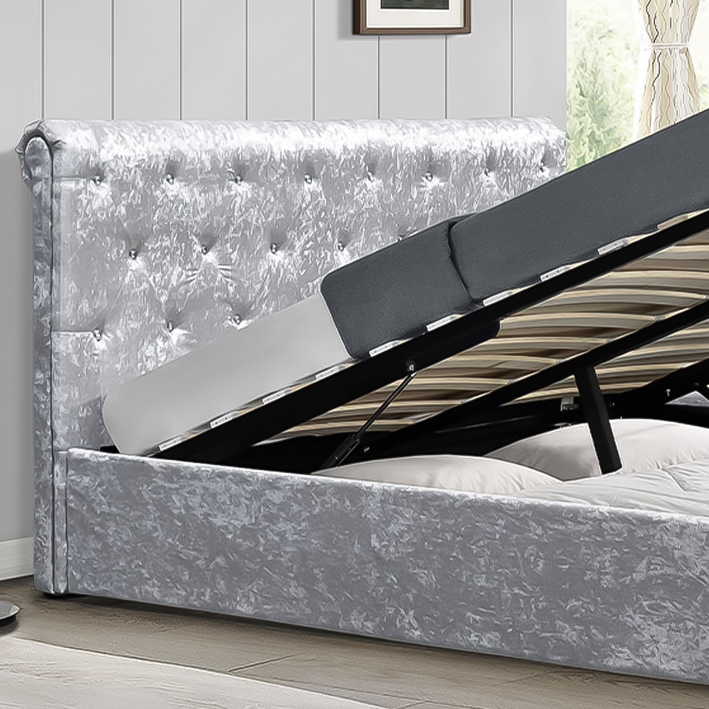 Brooklyn King Size Silver Crushed Velvet Diamante Sleigh Ottoman Bed Image 2