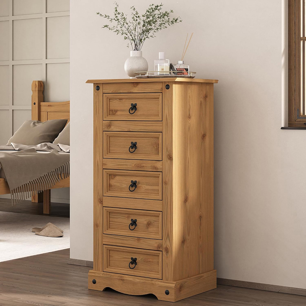 Mews Corona Waxed Pine 5 Drawer Narrow Chest of Drawers Image 6