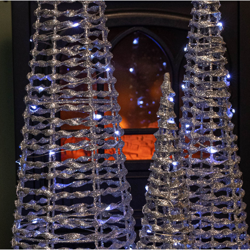 Samuel Alexander Cool White LED Pre Lit Silver Glitter Twist Cone Christmas Tree Set of 3 Image 5