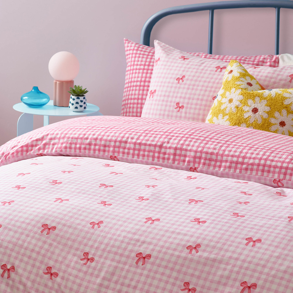 Heya Home Single Gingham Bows Printed Pink Duvet Set Image 2