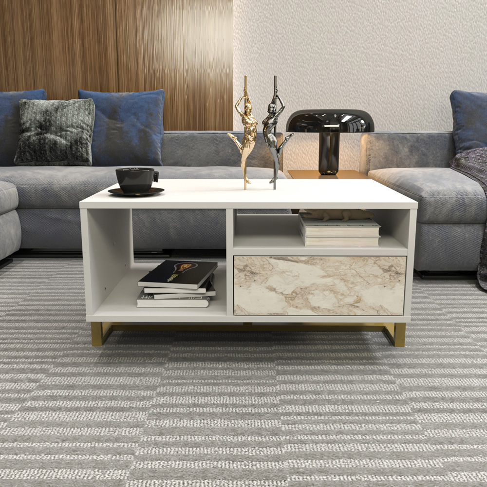 Decorotika Utopie 2 Door 2 Shelf White and White Marble Effect Modern Coffee Table Image 5