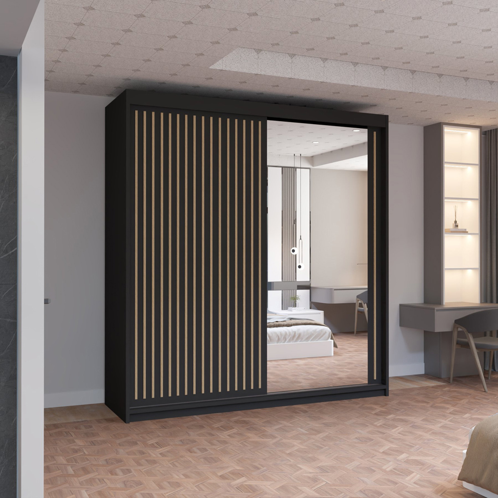 M N Furniture Roman 2 Door Black and Oak Mirrored Sliding Wardrobe 150cm Image 4