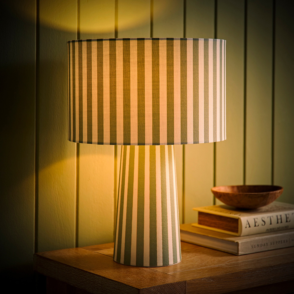 ValueLights Thorley Green and Cream Stripe Drum Shade Full Fabric LED Table Lamp Image 2