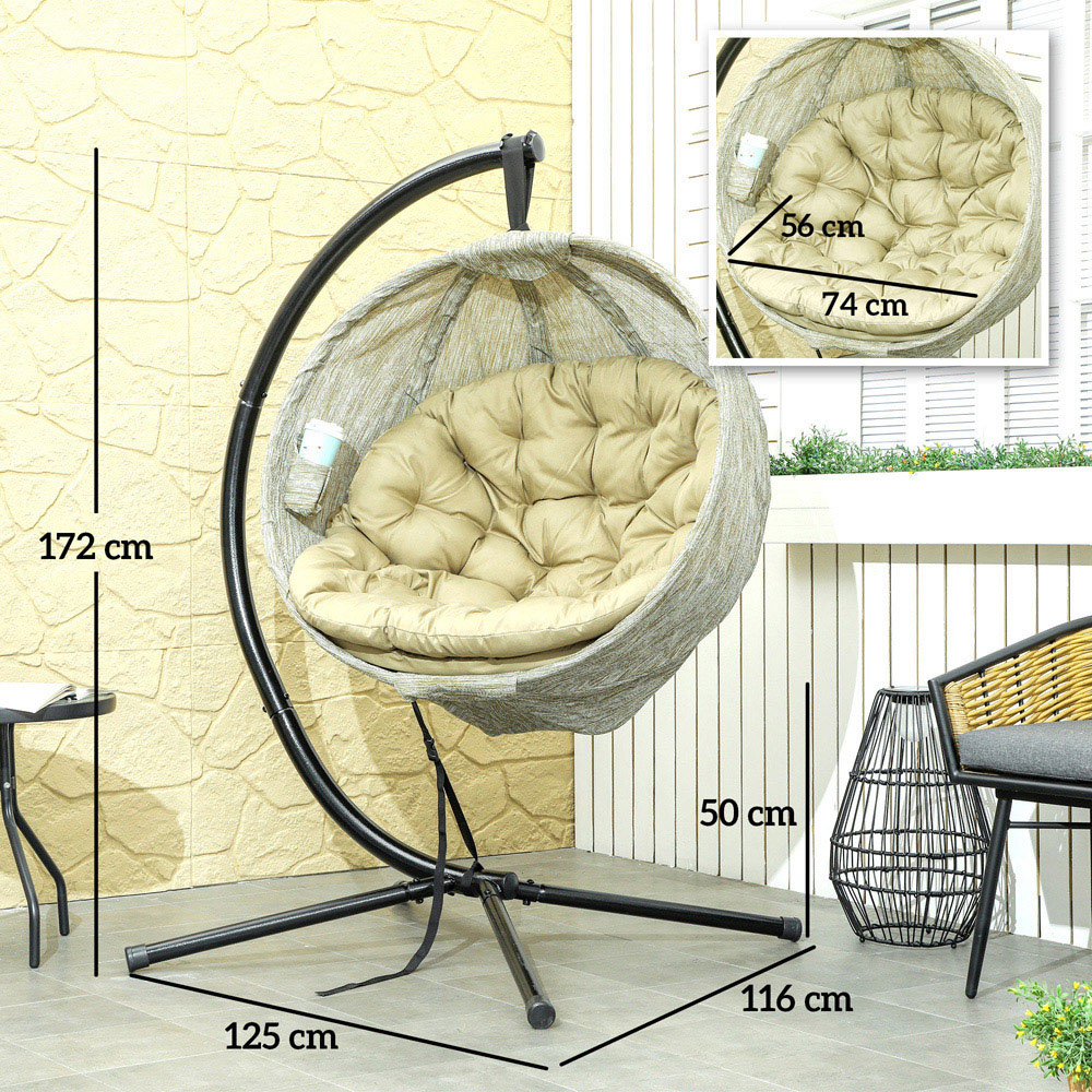 Outsunny Khaki Hanging Egg Chair with Folding Basket Image 7