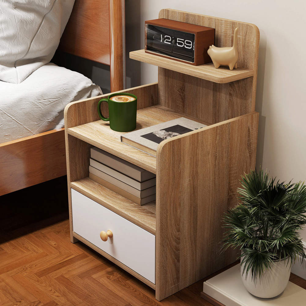 Portland Single Drawer 3 Shelf Natural Wood Effect Bedside Table Image 5