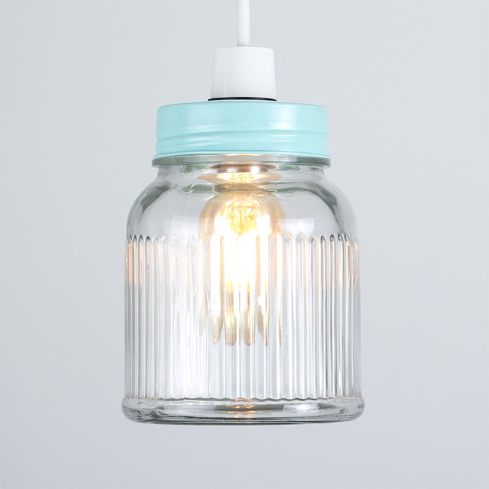 ValueLights Ribbed Glass Jar Duck Egg Blue Pendant Lamp Shade Image 3