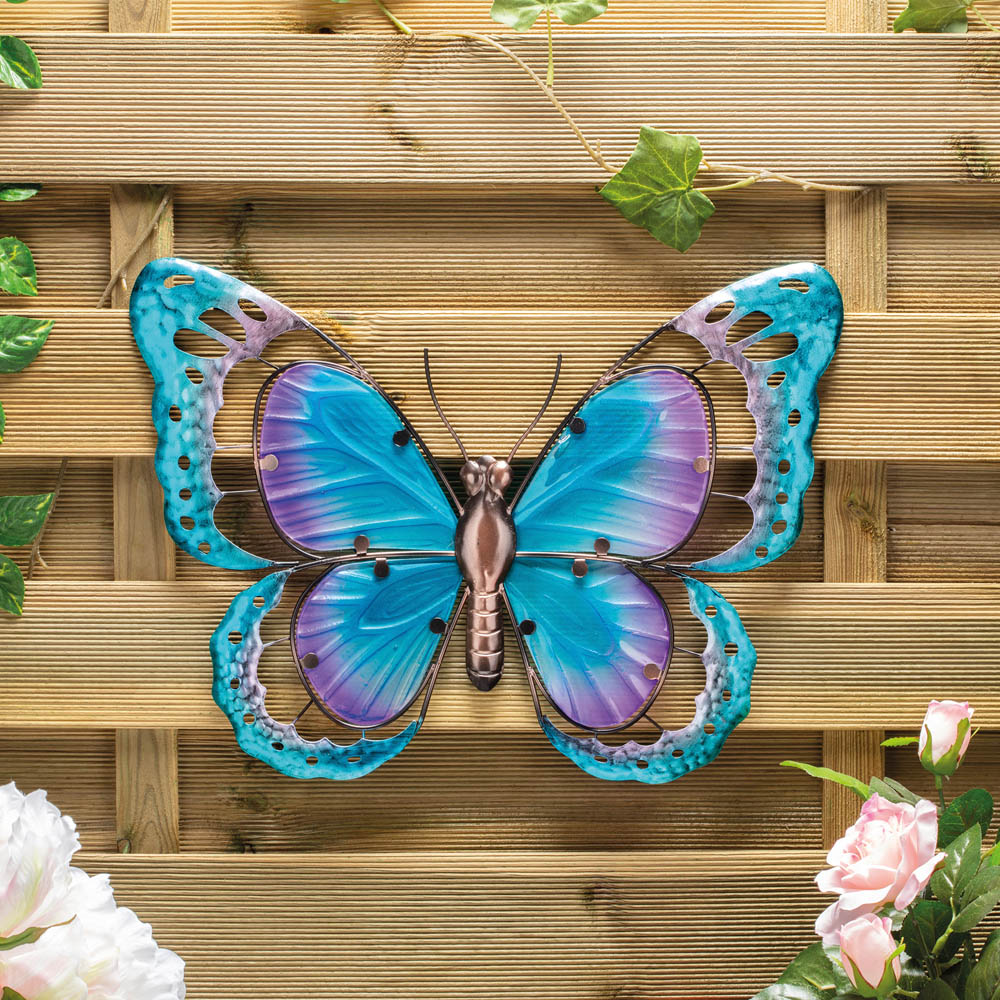 Garden Gear Blue Purple Butterfly Metal and Glass Wall Art Image 2