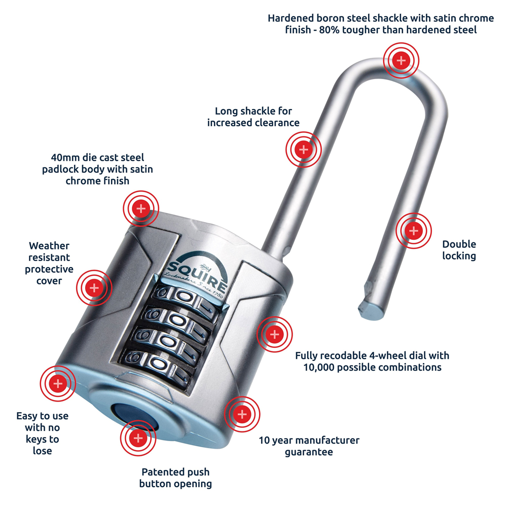 Squire 40mm 4 Wheel Combination Extra Long Boron Shackle Padlock Image 5