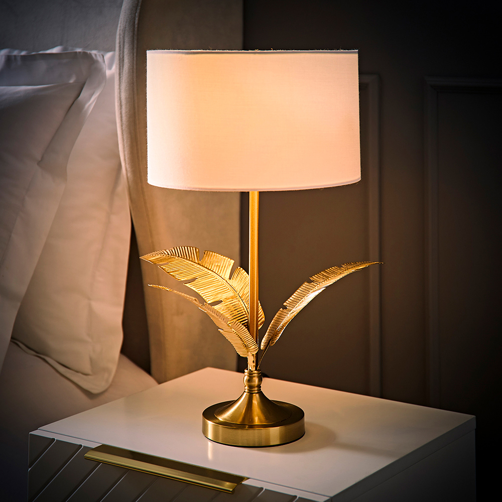 ValueLights Christina White and Gold Palm Leaf Detail Single Stem Table Lamp and Bulb Image 2