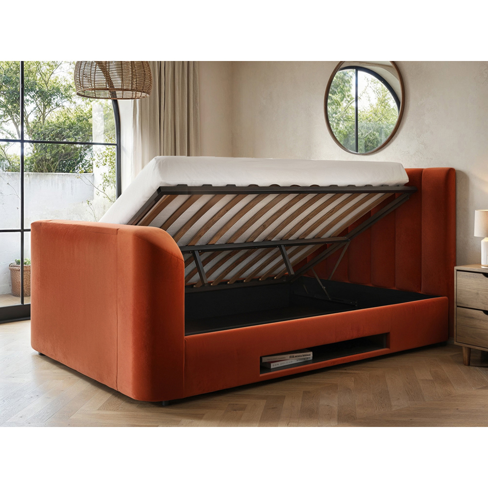 Flair Megane King Size Burnt Orange Velvet Side Lift TV Ottoman Bed Image 5