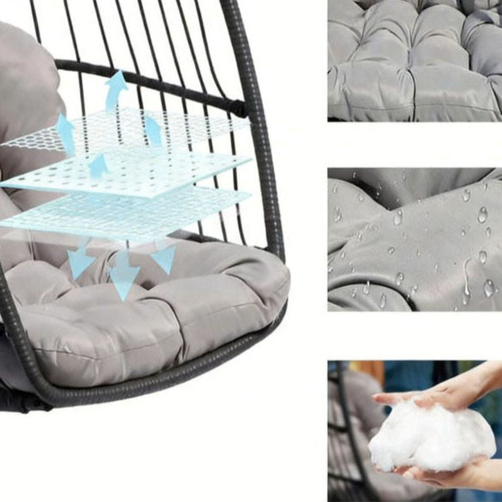 Willowmare Grey PE Rattan Foldable Hanging Egg Chair with Cushion and Stand Image 3
