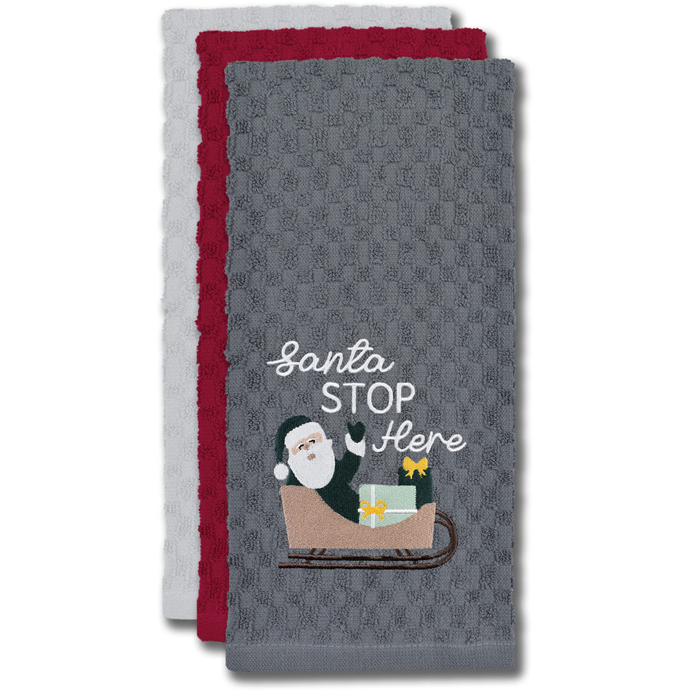 Noel Square Santa Stop Grey Tea Towel 3 Pack Image 3