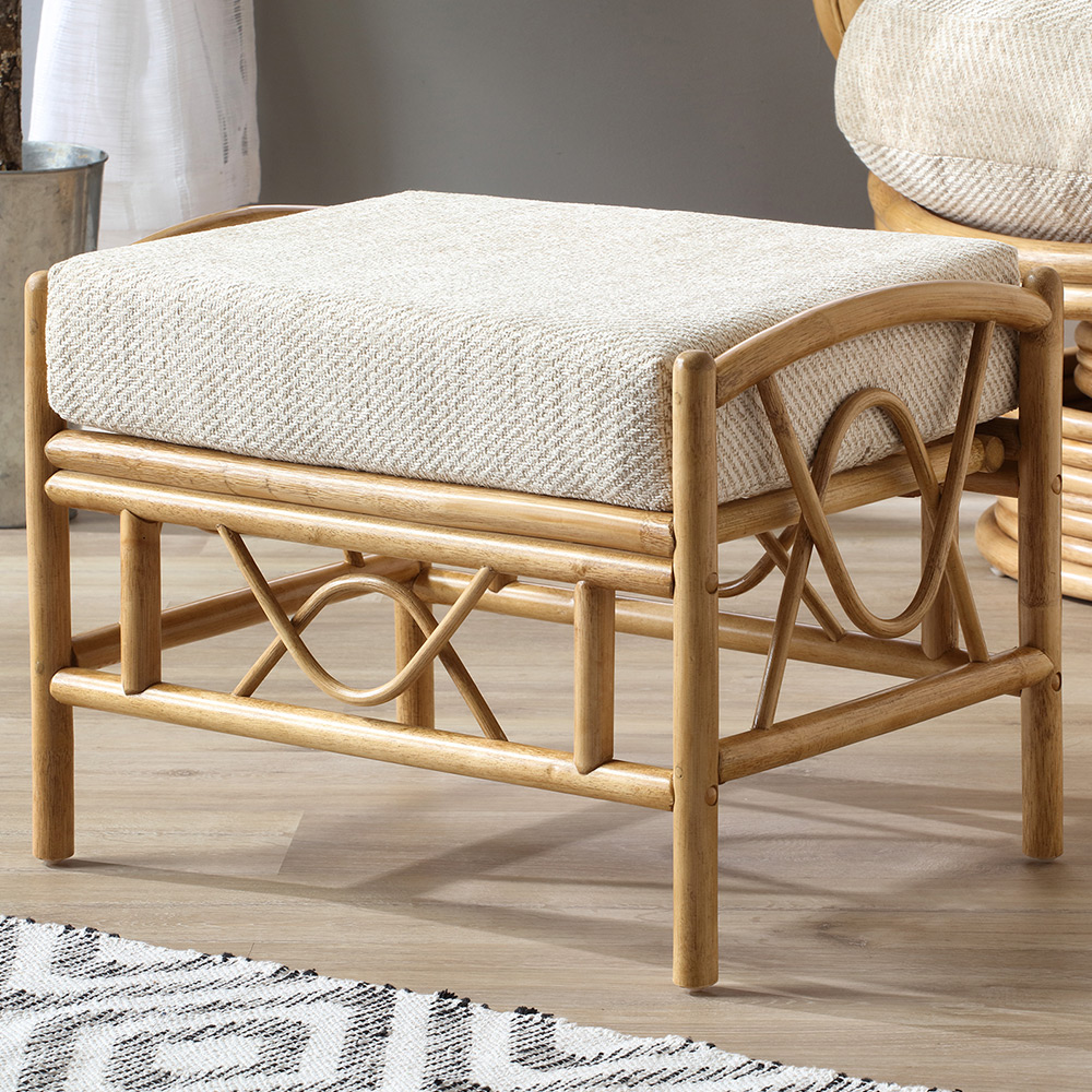 Desser Bali Beige and Cream Fabric Natural Rattan Footstool Image 1