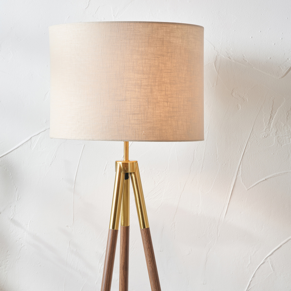 Pacific Lifestyle Vali Gold Metal and Brown Wood Grain Tripod Floor Lamp Image 3