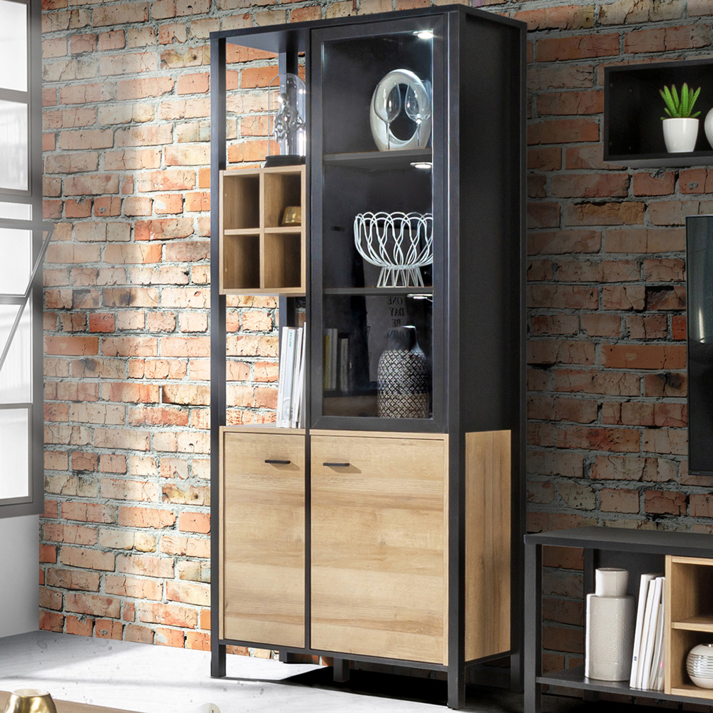 Florence High Rock 4 Door Matt Black and Riviera Oak Display Cabinet Homebase
