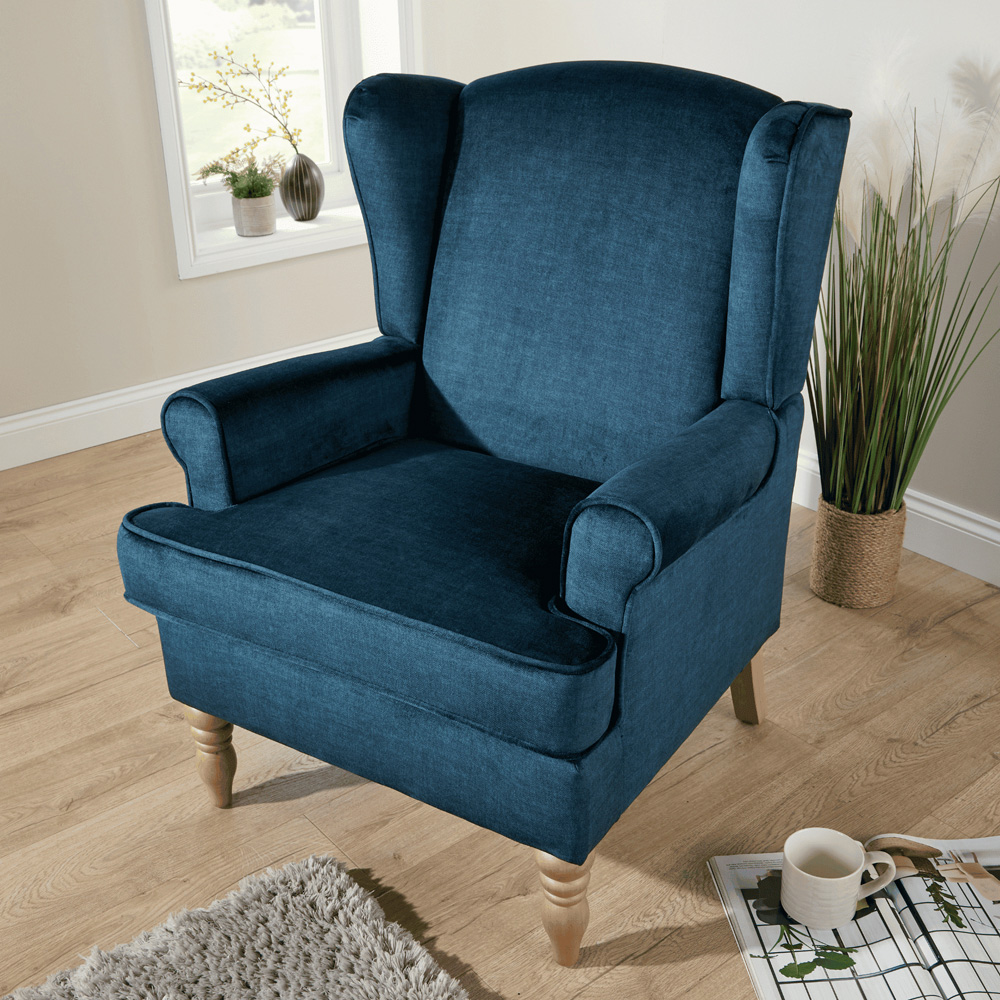 Home Source Helena Dark Blue Wingback Armchair with Wooden Legs Image 8